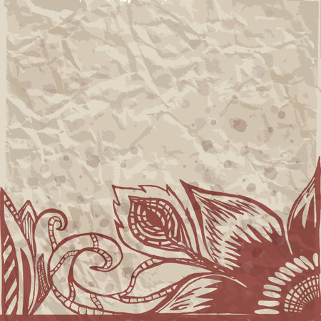 Vintage old paper texture background with floral frame. Template cards, label, invitation, scrapbooking page, hand drawn vector illustration. Shabby chic.のイラスト素材