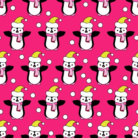 Seamless Christmas background with ornamental snowflakes and penguinsのイラスト素材