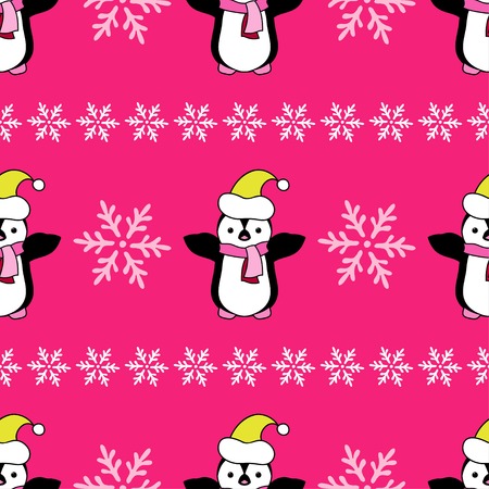 Seamless Christmas background with ornamental snowflakes and penguinsのイラスト素材