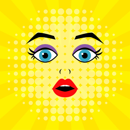Pop art surprised blond woman face with open mouth. Vector illustration.のイラスト素材