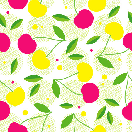 Seamless pattern with decorative pink and yellow cherries. Garden berries. Textile rapport.のイラスト素材