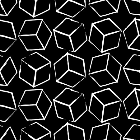 Completely seamless, abstract cube pattern. Black and white design, geometric 3d background. Drawing brush and chalk.のイラスト素材