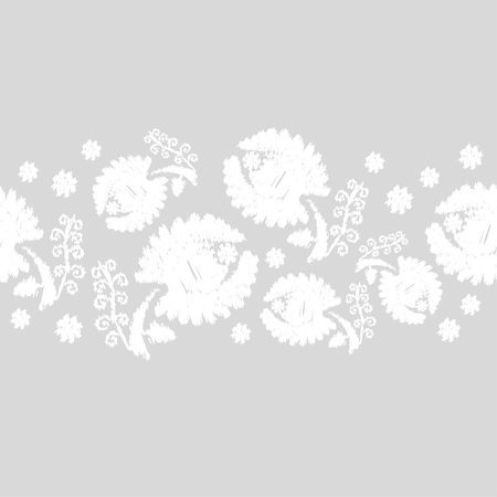 White flowers on a gray background. Embroidery texture. White Texture. Seamless vector background.のイラスト素材