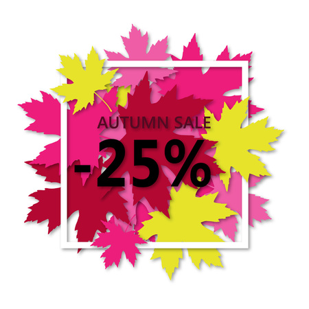 Autumn sale flyer template with lettering. Maple leaves in a white frame with shadow. Poster, card, label, banner design.の写真素材