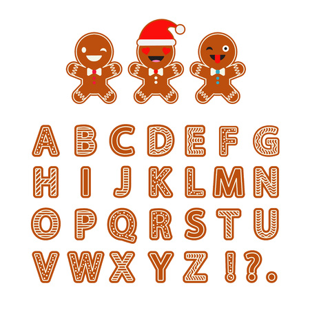 Set Gingerbread vector Alphabet. Christmas gingerbread letters with glaze. Cute cartoon Alphabet.のイラスト素材