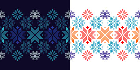 Set of 2 Seamless vector backgrounds cross stitch Norwegian snowflakes. Folk motifs. Winter pattern. Textile rapport.のイラスト素材