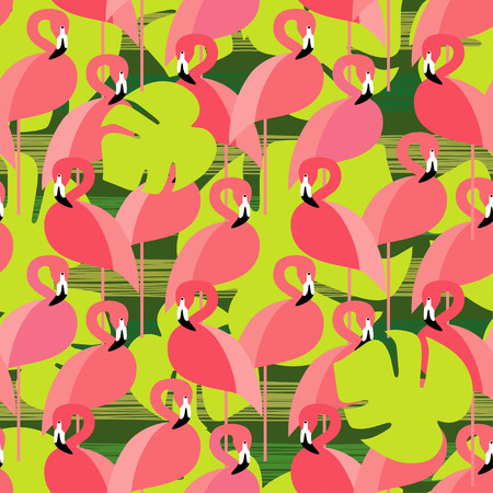 Pink flamingos vector seamless pattern. Pink flamingos on palm leaves textile rapport.のイラスト素材