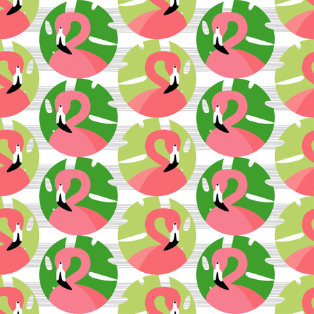 Seamless vector background with pattern of Pink Flamingos. Pattern with Palm leaves. Polka dot. Textile rapport.のイラスト素材