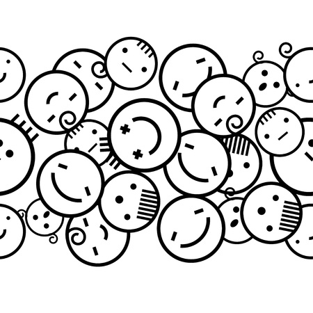Seamless white background of creative emotions. Different emotions of people. Black and white pattern. Textile rapport.のイラスト素材