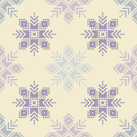 Cross stitch Norwegian snowflakes. Seamless vector background. Folk motives. Winter pattern. Textile rapport.のイラスト素材