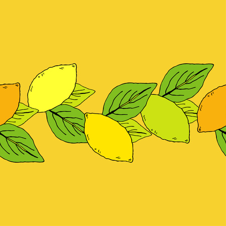 Seamless pattern with decorative lemons. Cute cartoon. Summer garden. Brushwork. Hand hatching. Doodle. Vector illustration. Can be used for wallpaper, textile, wrapping, web page background.のイラスト素材