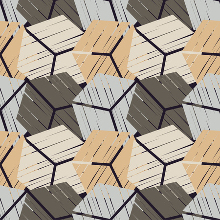 Seamless abstract geometric pattern. 3D cubes. Mosaic texture. Brushwork. Hand hatching. Can be used for wallpaper, textile, wrapping, web page background.のイラスト素材