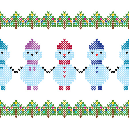 Seamless vector background with knitted snowmen. Winter pattern. Can be used for wallpaper, textile, wrapping, web page background.のイラスト素材
