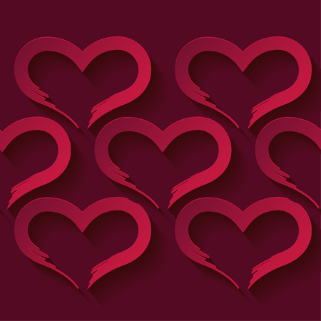 Decorative 3D red hearts on red background with shadow. Seamless pattern. Valentine's day. Vector illustration. Can be used for wallpaper, textile, wallpaper, web page background.のイラスト素材