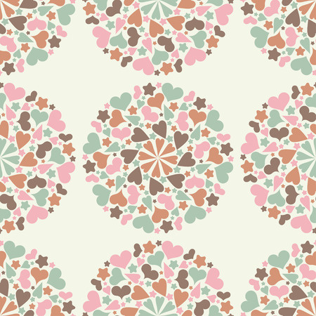 Seamless pattern with decorative hearts and stars. Mandala. Sacred image. Valentine's day. Vector illustration. Can be used for wallpaper, textile, wallpaper, web page background.のイラスト素材