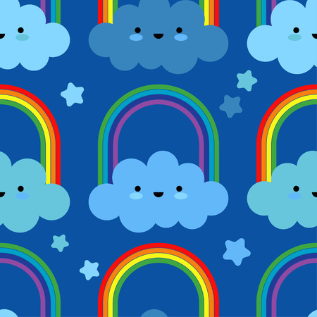 Seamless background with funny clouds. Kawaii. Cute cartoon. Vector illustration. Can be used for wallpaper, textile, wrapping, web page background.のイラスト素材