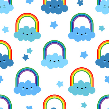 Seamless background with funny clouds. Kawaii. Cute cartoon. Vector illustration. Can be used for wallpaper, textile, wrapping, web page background.のイラスト素材