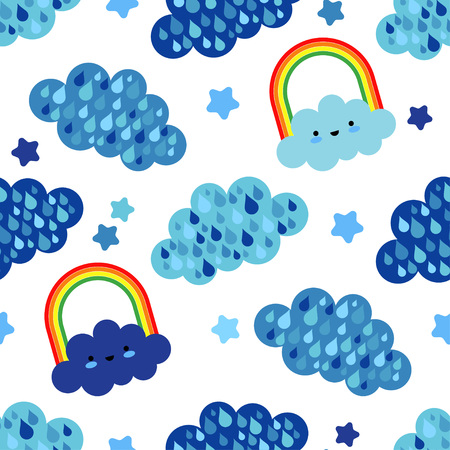Seamless background with funny clouds. Kawaii. Cute cartoon. Vector illustration. Can be used for wallpaper, textile, wrapping, web page background.のイラスト素材