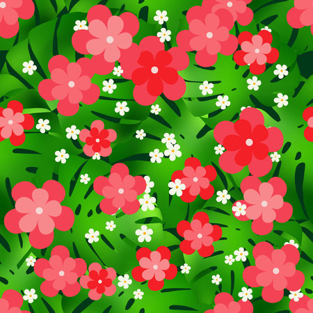 Seamless background with decorative Tropical palm leaves. Monstera. Realistic vector illustration. Can be used for wallpaper, textile, wrapping, web page background.のイラスト素材