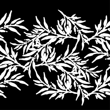 Seamless background with decorative leaves. China Brushwork. Hand hatching. Flower mosaic. Can be used for wallpaper, textile, wrapping, web page background.のイラスト素材