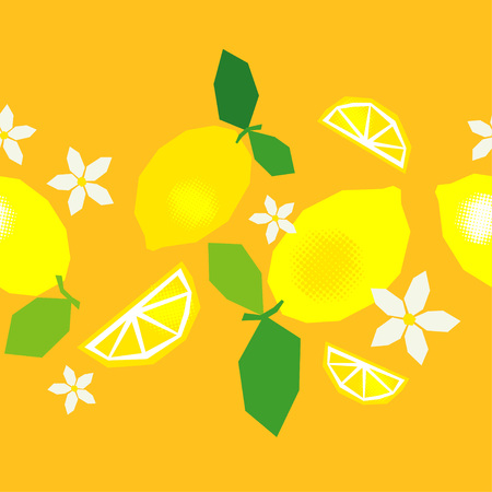 Seamless pattern with decorative lemons, leaves and flowers. Polygons. Cute cartoon. Summer garden. Vector illustration. Can be used for wallpaper, textile, wrapping, web page background.のイラスト素材