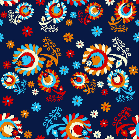 Seamless pattern with decorative flowers with leaves. Folk motif. Summer day. Can be used for...