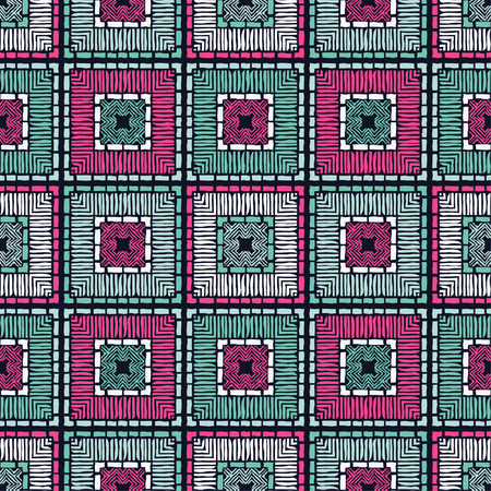 Ethnic boho seamless pattern. Embroidery on fabric. Patchwork texture. Weaving. Traditional ornament. Tribal pattern. Folk motif. Can be used for wallpaper, textile, wrapping, web page background.のイラスト素材