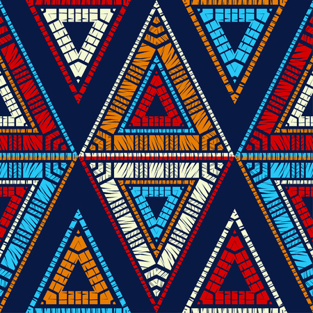 Ethnic boho seamless pattern. Triangles. Embroidery on fabric. Patchwork texture. Weaving. Traditional ornament. Tribal pattern. Folk motif. Can be used for wallpaper, textile, wrapping, web page background.のイラスト素材