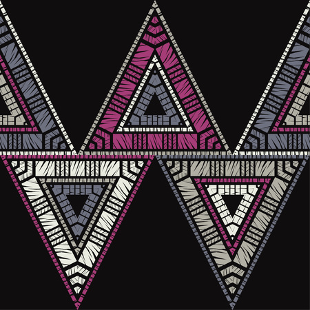 Ethnic boho seamless pattern. Triangles. Embroidery on fabric. Patchwork texture. Weaving. Traditional ornament. Tribal pattern. Folk motif. Can be used for wallpaper, textile, wrapping, web page background.のイラスト素材