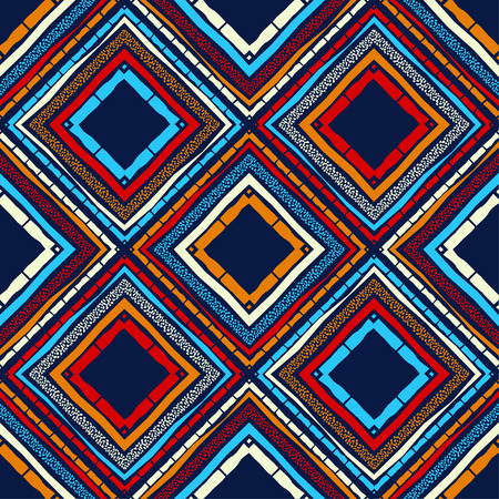 Ethnic boho seamless pattern. Embroidery on fabric. Patchwork texture. Weaving. Traditional ornament. Tribal pattern. Folk motif. Can be used for wallpaper, textile, invitation card, wrapping, web page background.のイラスト素材