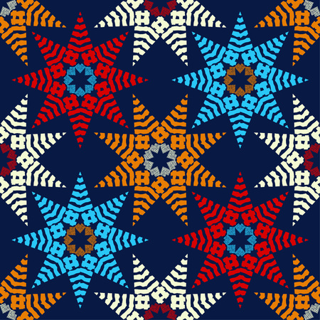 Stars. Ethnic boho seamless pattern. Lace. Embroidery on fabric. Patchwork texture. Weaving....
