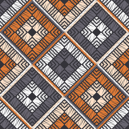 Ethnic boho seamless pattern. Lace. Embroidery on fabric. Patchwork texture. Weaving. Traditional ornament. Tribal pattern. Folk motif. Can be used for wallpaper, textile, wrapping, web.のイラスト素材