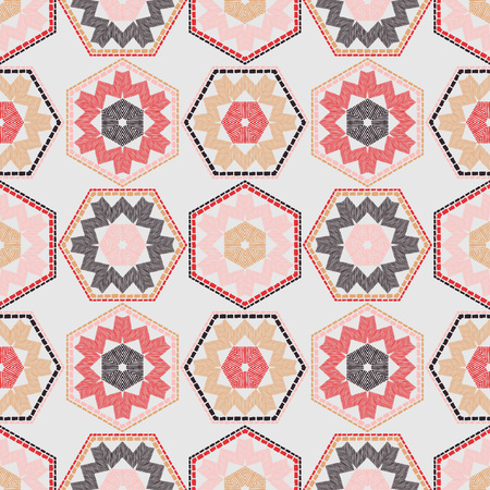 Snowflakes. Ethnic boho seamless pattern. Lace. Embroidery on fabric. Patchwork texture. Weaving. Traditional ornament. Tribal pattern. Folk motif. Can be used for wallpaper, textile, wrapping, web.のイラスト素材