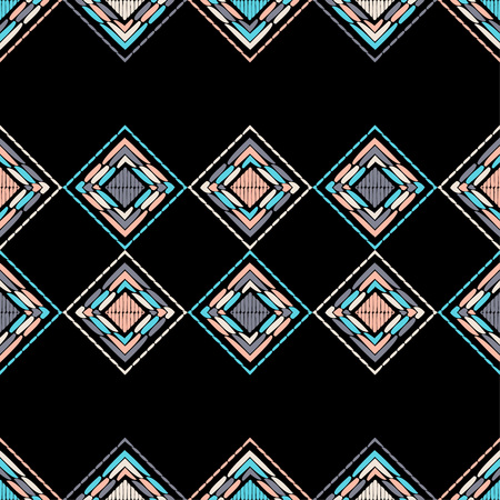 Ethnic boho seamless pattern. Lace. Embroidery on fabric. Patchwork texture. Weaving. Traditional ornament. Tribal pattern. Folk motif. Can be used for wallpaper, textile, wrapping, web.のイラスト素材