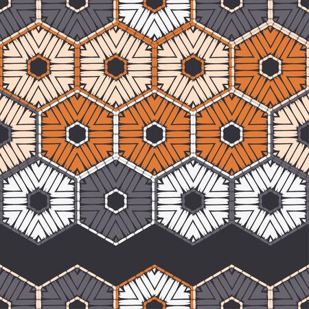 Hexagon. Ethnic boho seamless pattern. Lace. Embroidery on fabric. Patchwork texture. Weaving. Traditional ornament. Tribal pattern. Folk motif. Can be used for wallpaper, textile, wrapping, web.のイラスト素材