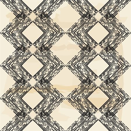 Engraving. Seamless pattern of hand drawn linear hatching. Mosaic of ethnic figures. Old paper. Vector illustration. Can be used for wallpaper, textile, invitation card, wrapping, web page background.のイラスト素材