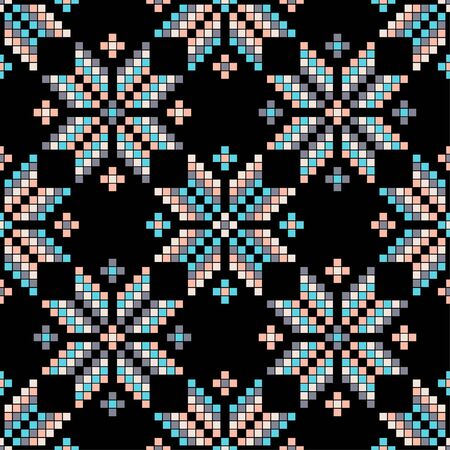 Seamless vector background with Norwegian snowflakes. Pixel snowflakes. Merry Christmas! Winter pattern. Can be used for wallpaper, textile, invitation card, wrapping, web page background.のイラスト素材