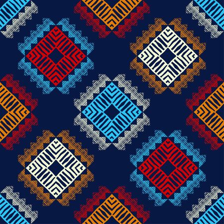 Ethnic boho seamless pattern. Lace. Embroidery on fabric. Patchwork texture. Weaving. Traditional ornament. Tribal pattern. Folk motif. Vector illustration for web design or print.のイラスト素材