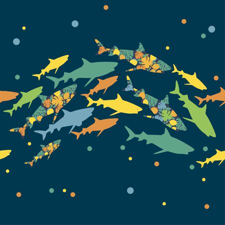 Seamless background with sharks. Predator in the sea. Vector illustration for web design or print.のイラスト素材