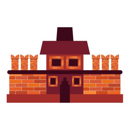 An old brick house with windows and a door on the foundation is isolated on a white background. Red and brown. Vector illustration for web design or print.のイラスト素材