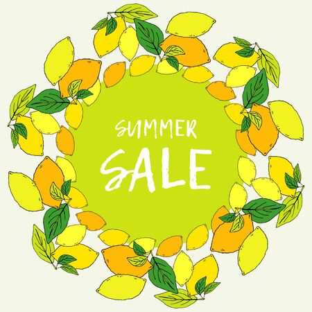 Sale. Drawing in the style of a color engraving with lemons and leaves. Tropical summer citrus fruit. Vector illustration for web design or print.のイラスト素材
