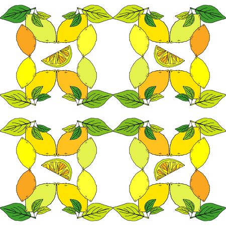 Seamless pattern with drawn lemons. Tropical summer citrus fruit engraved style background. Vector illustration for web design or print.のイラスト素材