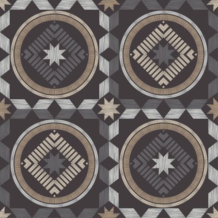 Brown floor with wooden texture. Netting. Ethnic boho ornament. Geometry. Seamless pattern. Vector illustration for web design or print.のイラスト素材