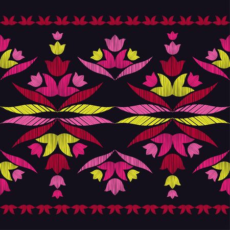 Seamless background with decorative flowers. Design with manual hatching. Ethnic boho ornament....