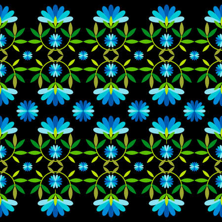 Seamless background with decorative flowers. Colorful Mexican traditional textile embroidery. Ethnic boho ornament. Vector illustration for web design or print.のイラスト素材