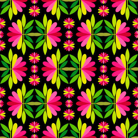 Seamless background with decorative flowers. Colorful Mexican traditional textile embroidery. Ethnic boho ornament. Vector illustration for web design or print.のイラスト素材