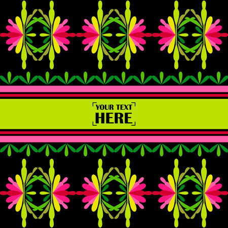 Greeting card with decorative flowers. Colorful Mexican traditional textile. Ethnic boho ornament. Vector illustration for web design or print.のイラスト素材