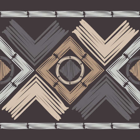 Mosaic with geometric shapes. Geometry. Seamless pattern. Design with manual hatching. Textile....
