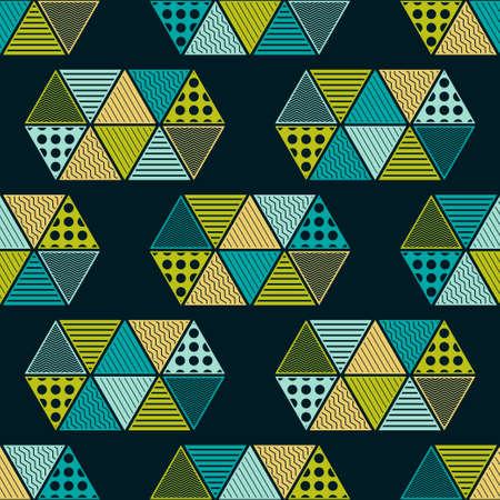 Shapes made of patterned triangles. Seamless background.