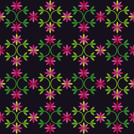 Seamless pattern with decorative flowers. Pink flowers on a black background.のイラスト素材